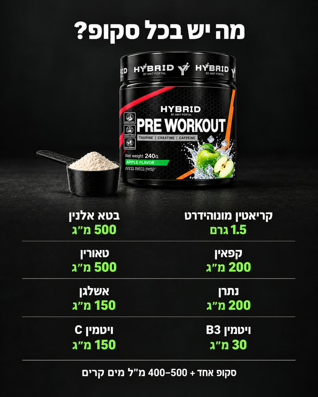 צנצנת פרי וורקאוט בטעם תפוח וסקופ, עם רשימת הרכיבים במנה